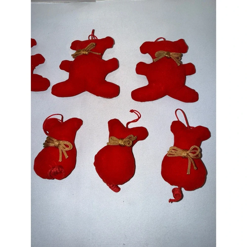 Vintage Red Flocked Bear and Mouse Christmas‎ Ornaments Set of 9 Gold Bows